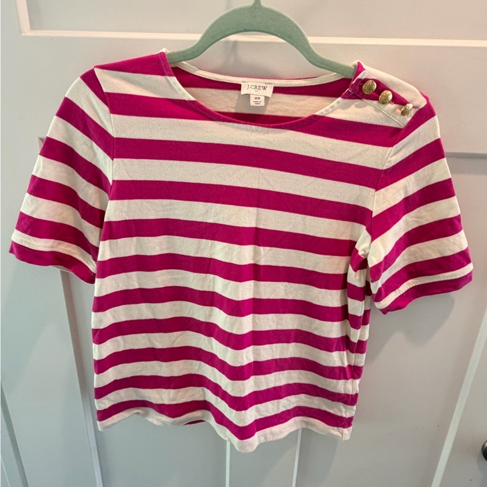 J Crew XS Pink White Stripe Tee Gold Button Shoulder Nautical Top